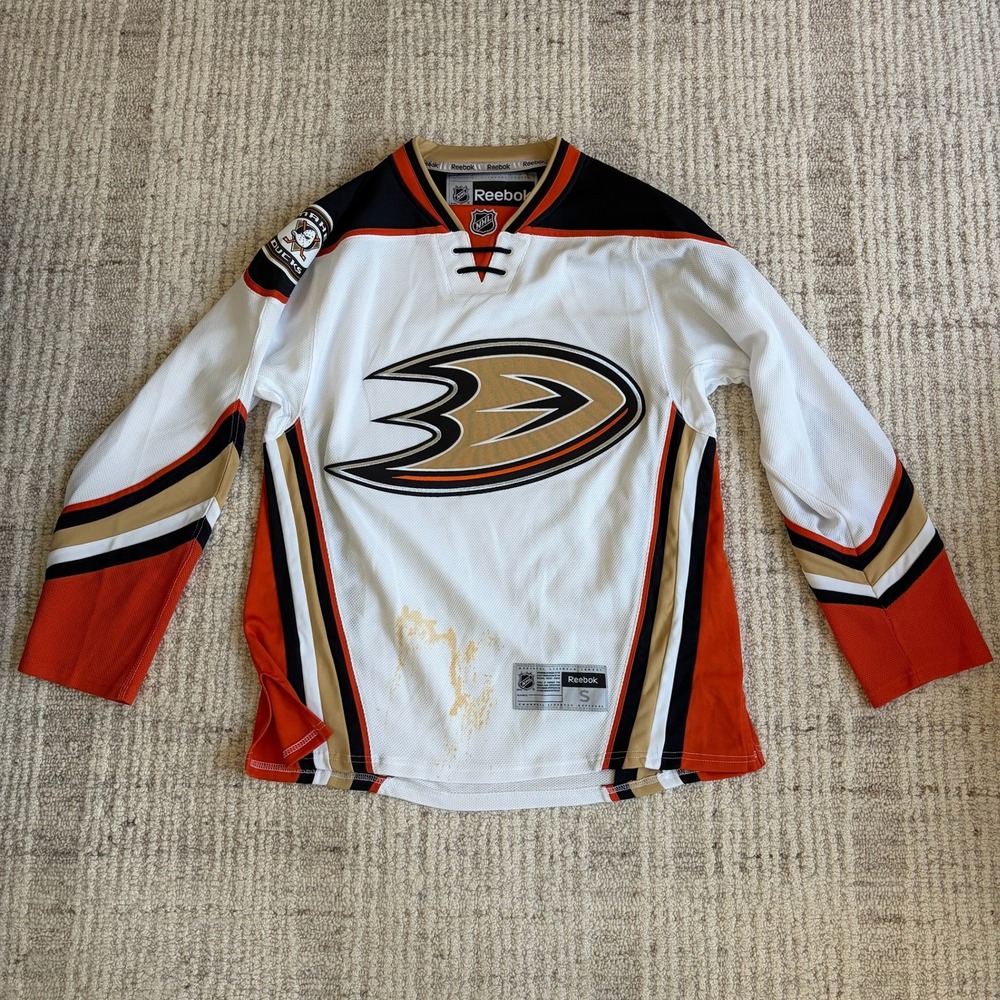 Reebok Anaheim Ducks NHL Jersey White Away Lace Up Small Stained